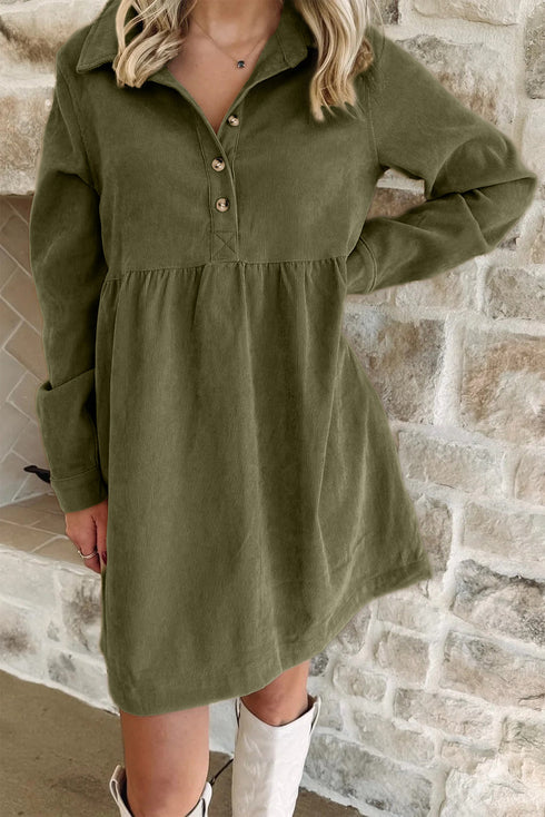 Corduroy Collared Half Button Babydoll Mini Dress